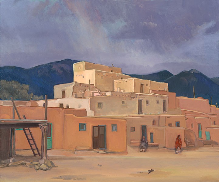 Kathryn Stedham, Magpie Day at Taos Pueblo, oil on canvas, 30