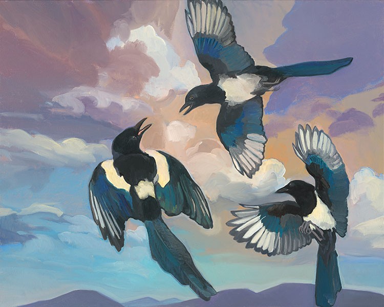Kathryn Stedham, Magpies, Flight of Fancy, oil on canvas, 28