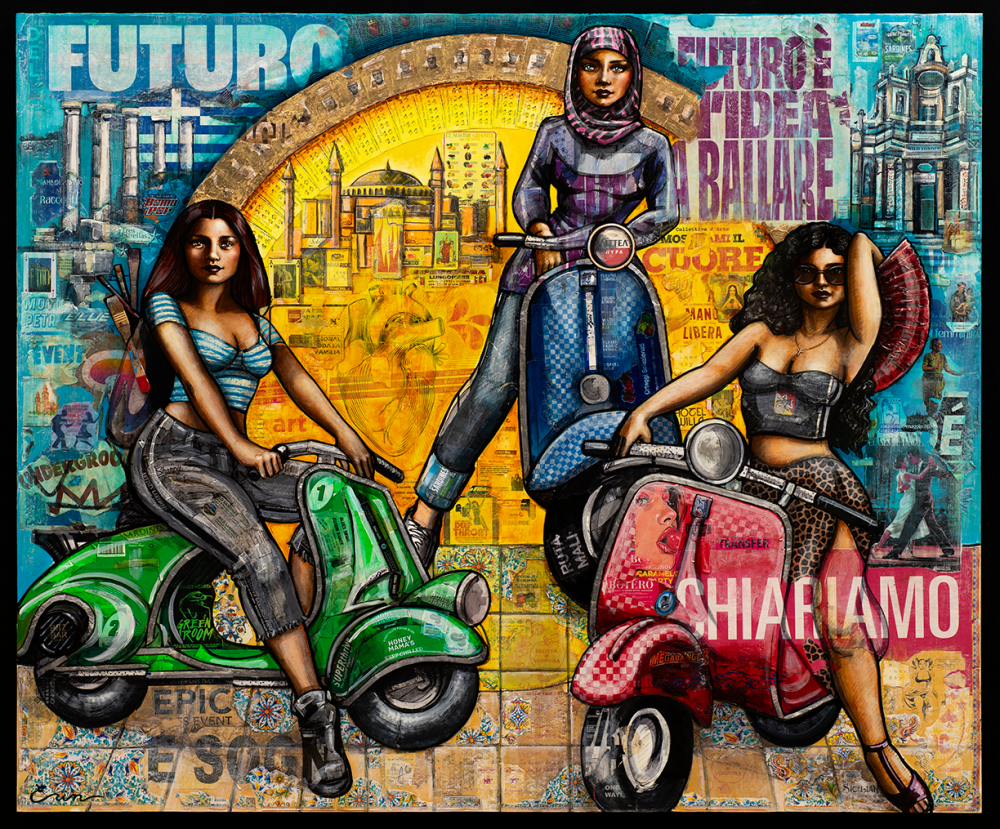 Erin Currier, Tres Graces of the Mediterranean, acrylic and mixed media on panel, 60”h x 72”w