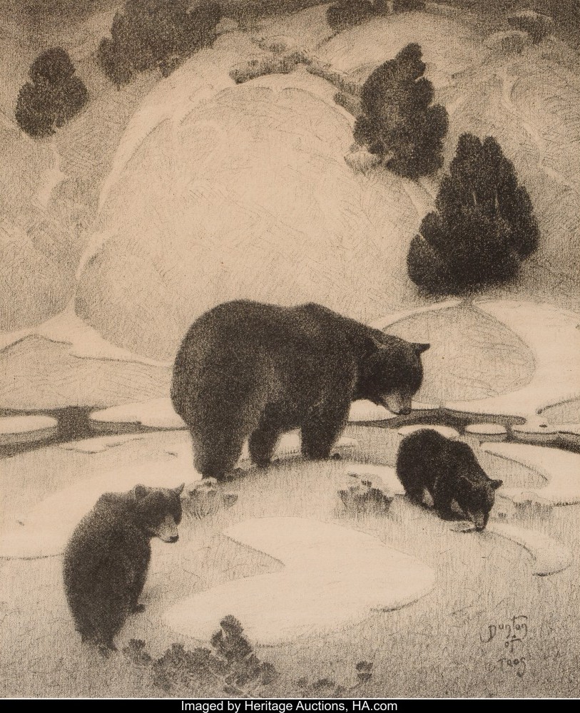 W. Herbert Dunton (American, 1878-1936). The Mountain Mother, Black Bear and Cubs, 1931. Lithograph on paper