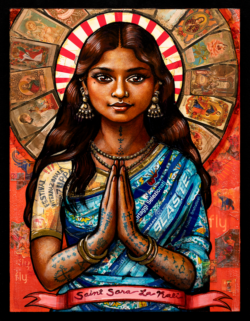 Erin Currier, Saint Sara-la-Kali, acrylic and mixed media on panel, 24”h x 18”w