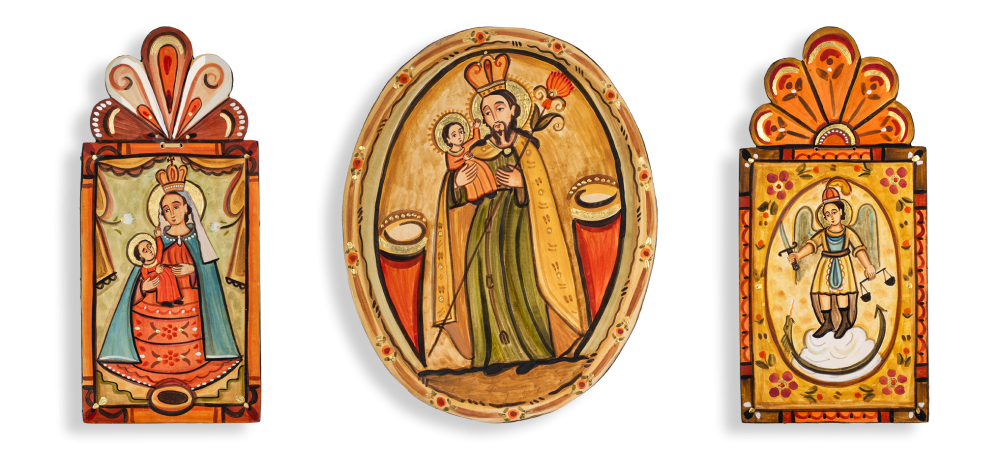 Retablos by Nicolas Otero, left to right: Our Lady of Mercy, Saint Joseph, Saint Michael Retablos by Nicolas Otero, left to right: Our Lady of Mercy, Saint Joseph, Saint Michael
